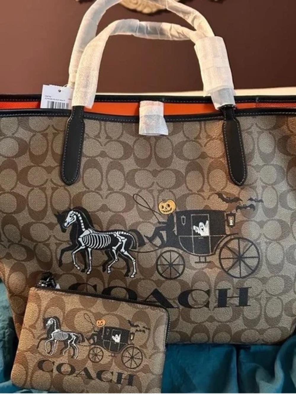 Coach Brown Signature Tote with Orange Trim and Halloween Motifs
